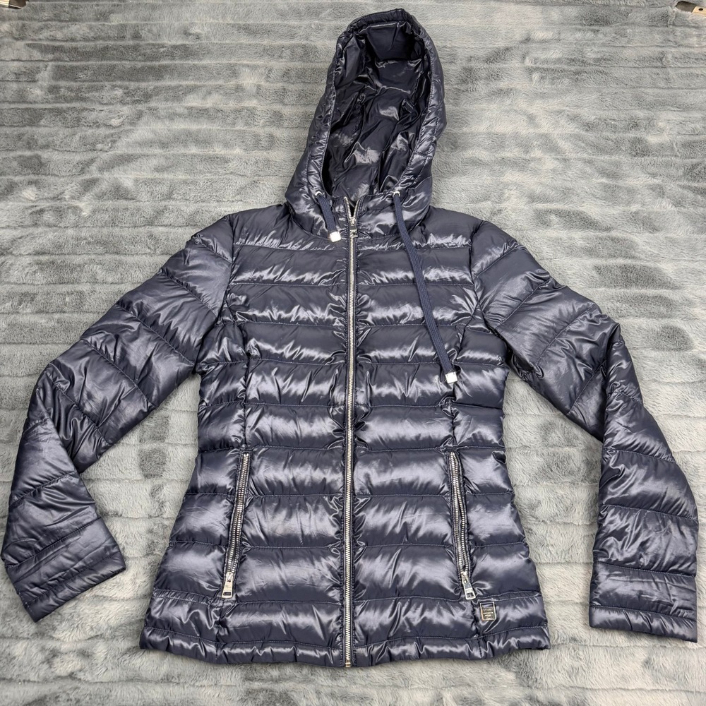 Andrew Marc Navy Blue Packable Down Puffer Jacket Hooded XS 14235